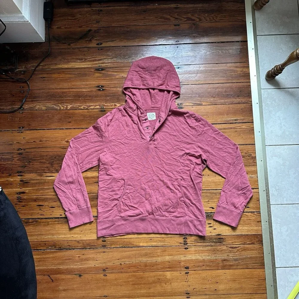 J Crew Hoodie Mens Large Snap Button Henley Pullover Lightweight Knit Red/Maroon